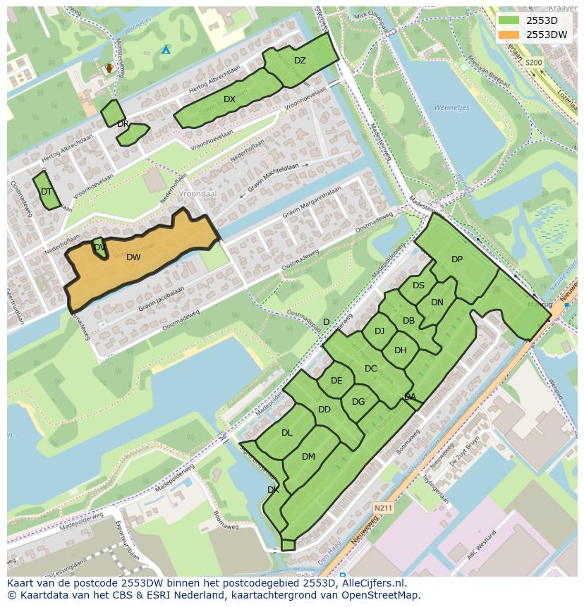 Afbeelding van het postcodegebied 2553 DW op de kaart.