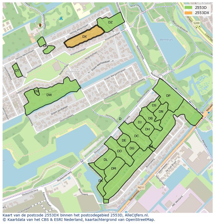 Afbeelding van het postcodegebied 2553 DX op de kaart.