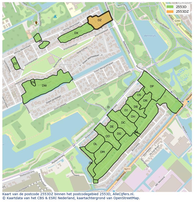 Afbeelding van het postcodegebied 2553 DZ op de kaart.