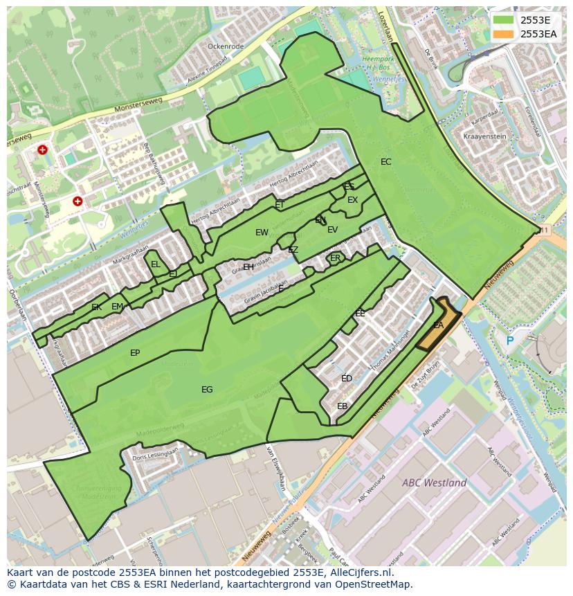 Afbeelding van het postcodegebied 2553 EA op de kaart.