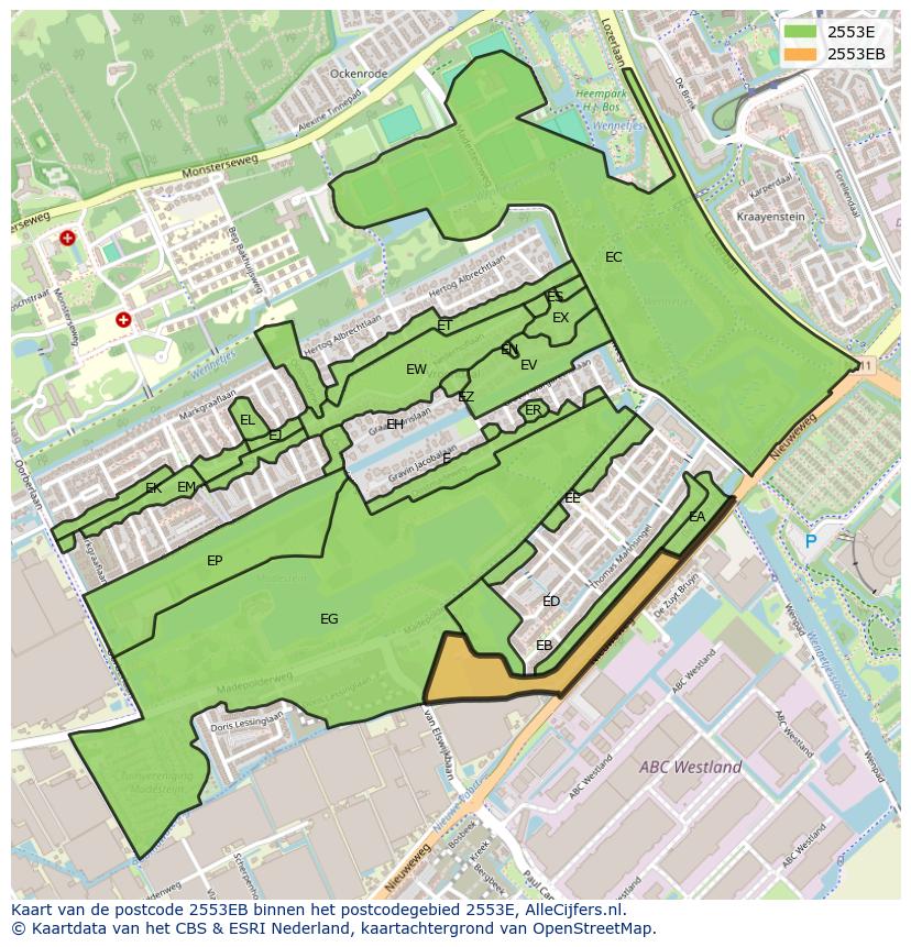 Afbeelding van het postcodegebied 2553 EB op de kaart.
