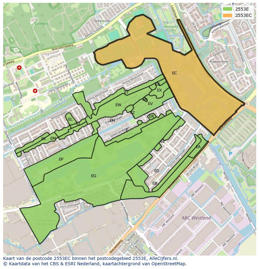 Afbeelding van het postcodegebied 2553 EC op de kaart.
