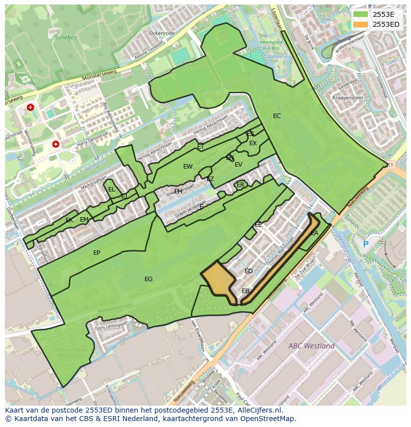 Afbeelding van het postcodegebied 2553 ED op de kaart.