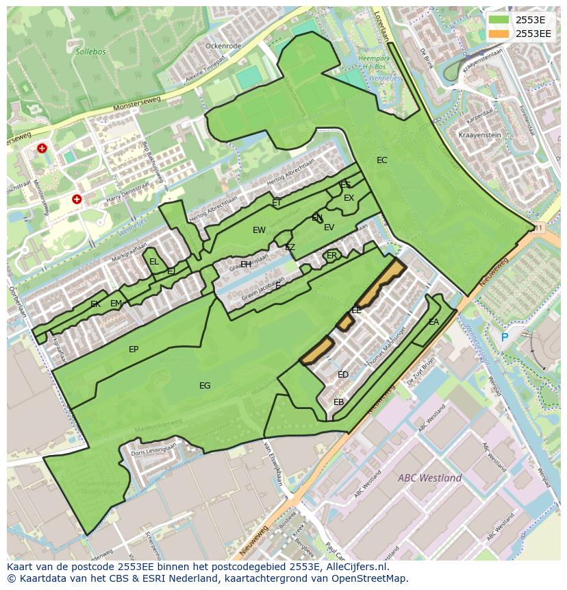 Afbeelding van het postcodegebied 2553 EE op de kaart.