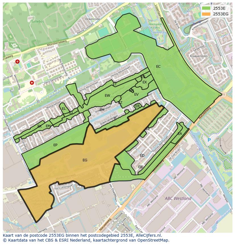 Afbeelding van het postcodegebied 2553 EG op de kaart.
