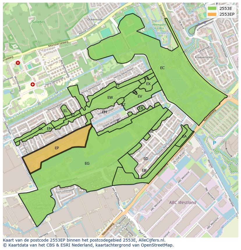 Afbeelding van het postcodegebied 2553 EP op de kaart.