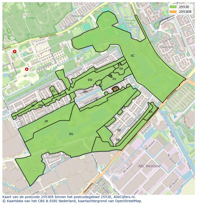Afbeelding van het postcodegebied 2553 ER op de kaart.