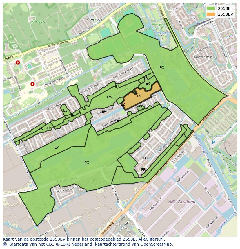 Afbeelding van het postcodegebied 2553 EV op de kaart.
