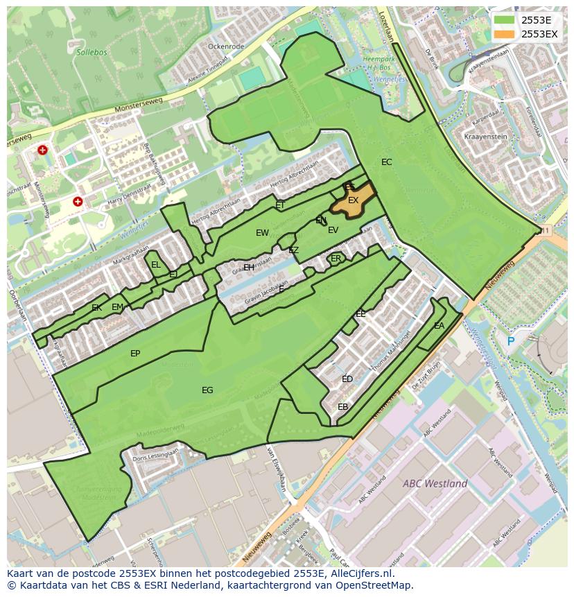 Afbeelding van het postcodegebied 2553 EX op de kaart.