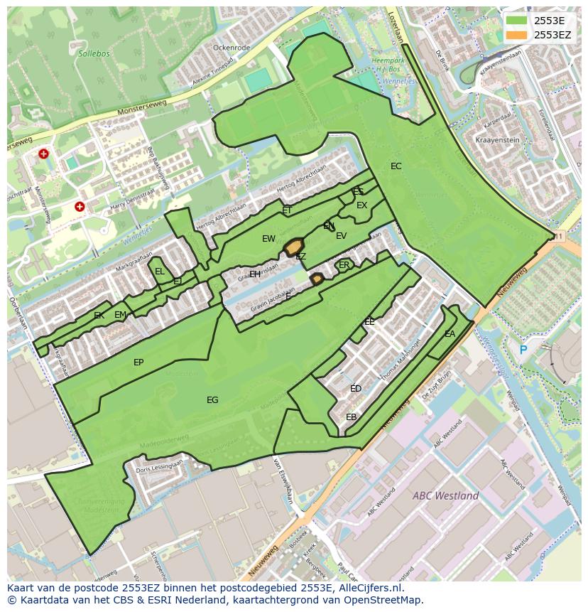 Afbeelding van het postcodegebied 2553 EZ op de kaart.