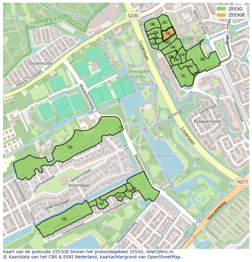 Afbeelding van het postcodegebied 2553 GE op de kaart.