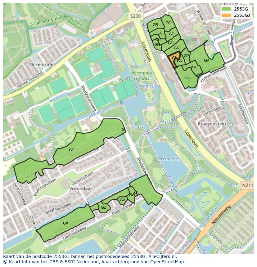 Afbeelding van het postcodegebied 2553 GJ op de kaart.