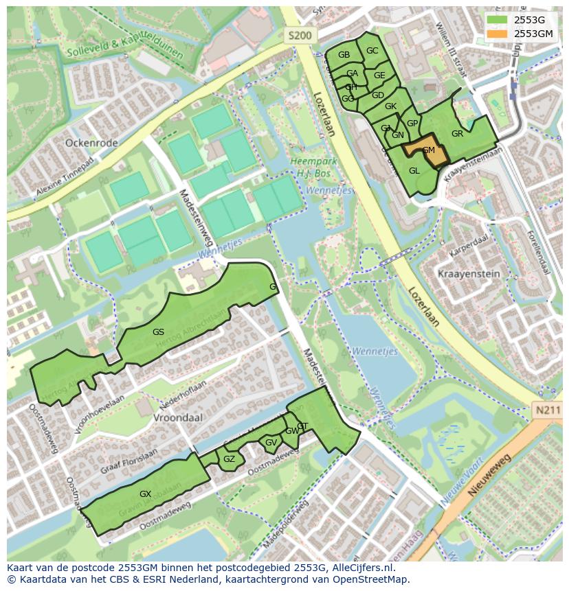 Afbeelding van het postcodegebied 2553 GM op de kaart.
