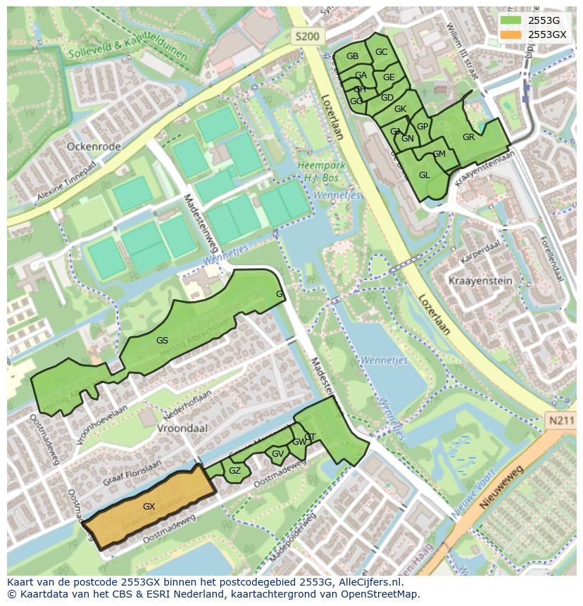 Afbeelding van het postcodegebied 2553 GX op de kaart.