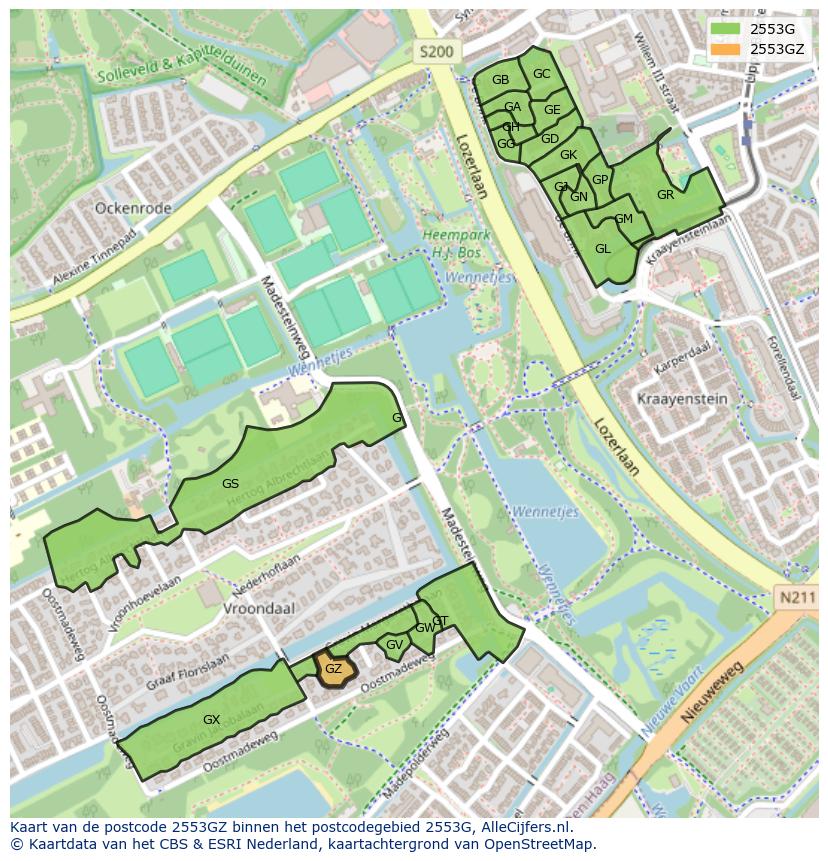 Afbeelding van het postcodegebied 2553 GZ op de kaart.