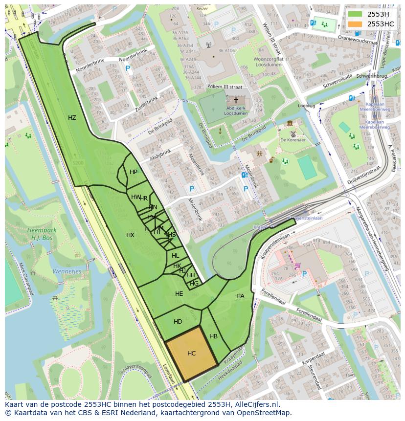 Afbeelding van het postcodegebied 2553 HC op de kaart.