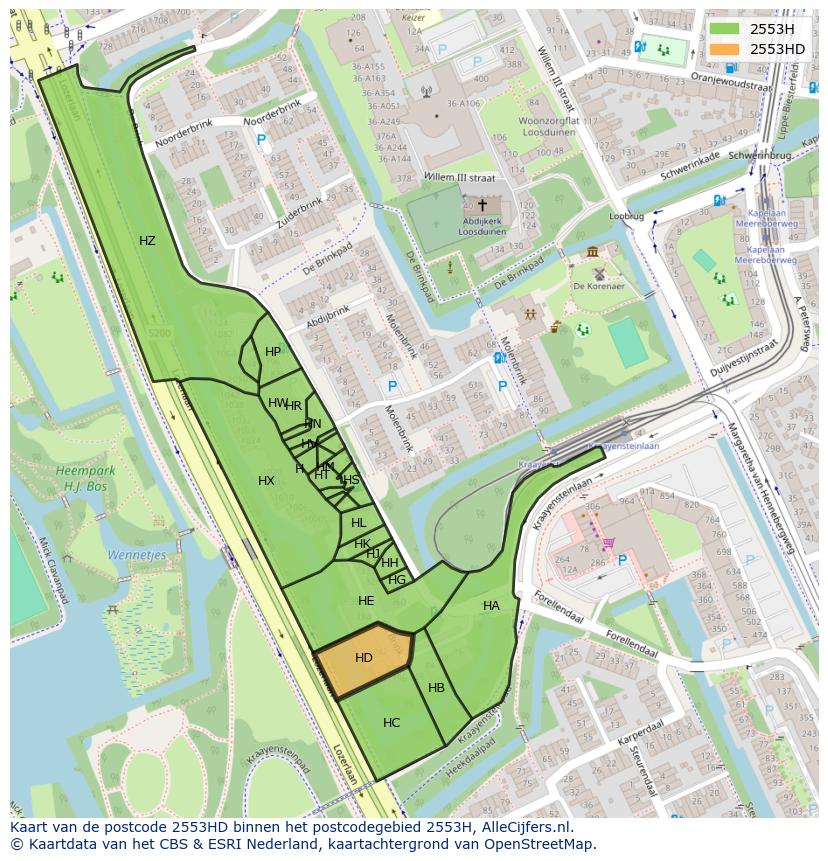 Afbeelding van het postcodegebied 2553 HD op de kaart.