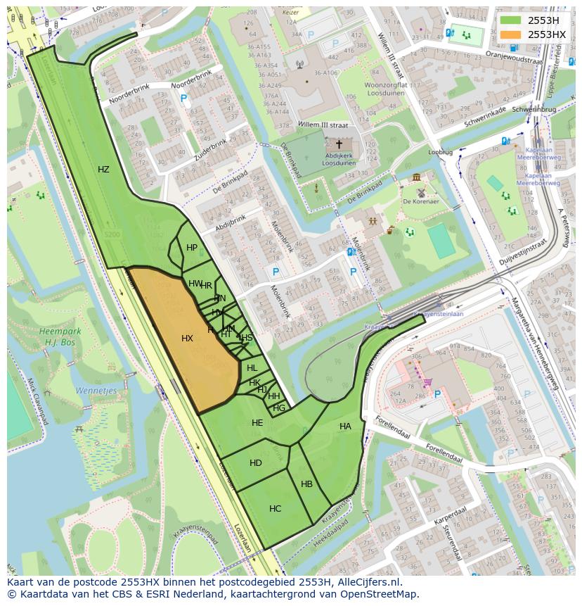 Afbeelding van het postcodegebied 2553 HX op de kaart.