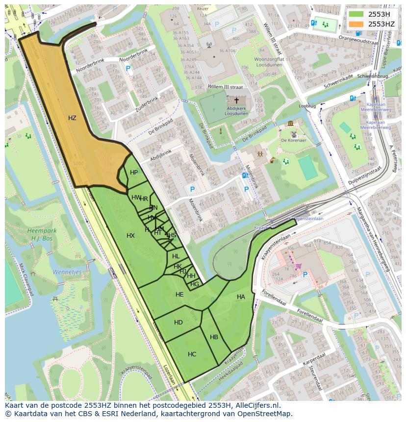 Afbeelding van het postcodegebied 2553 HZ op de kaart.