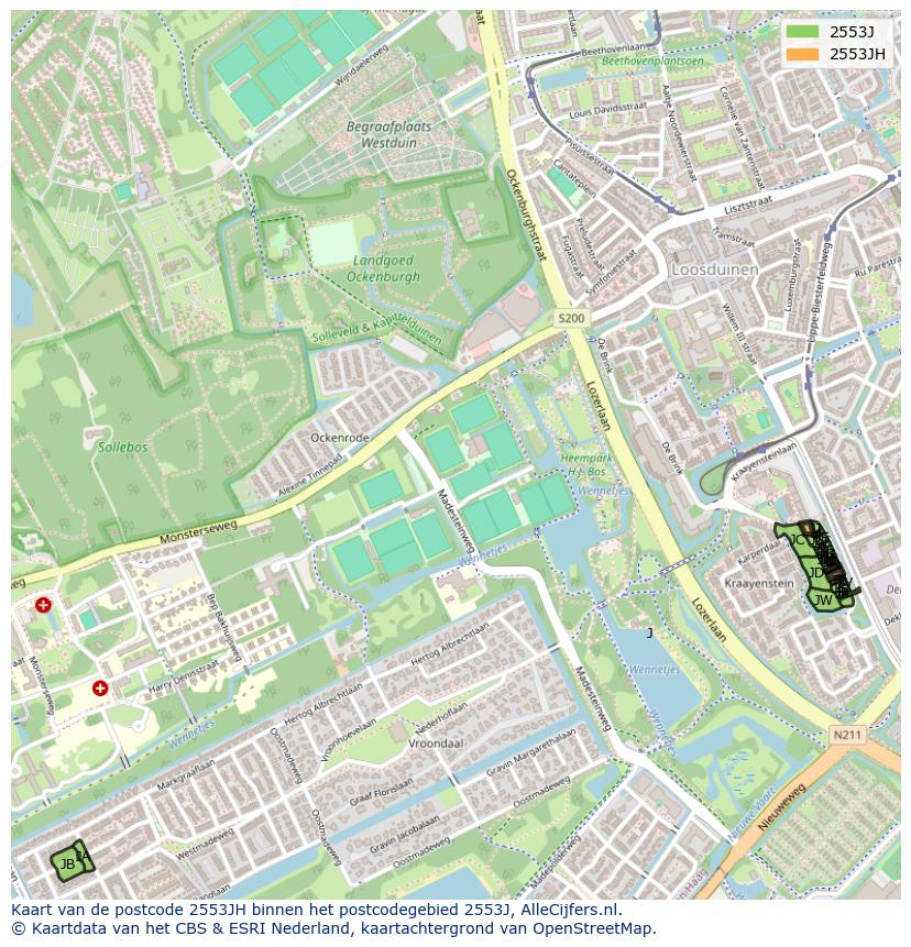 Afbeelding van het postcodegebied 2553 JH op de kaart.
