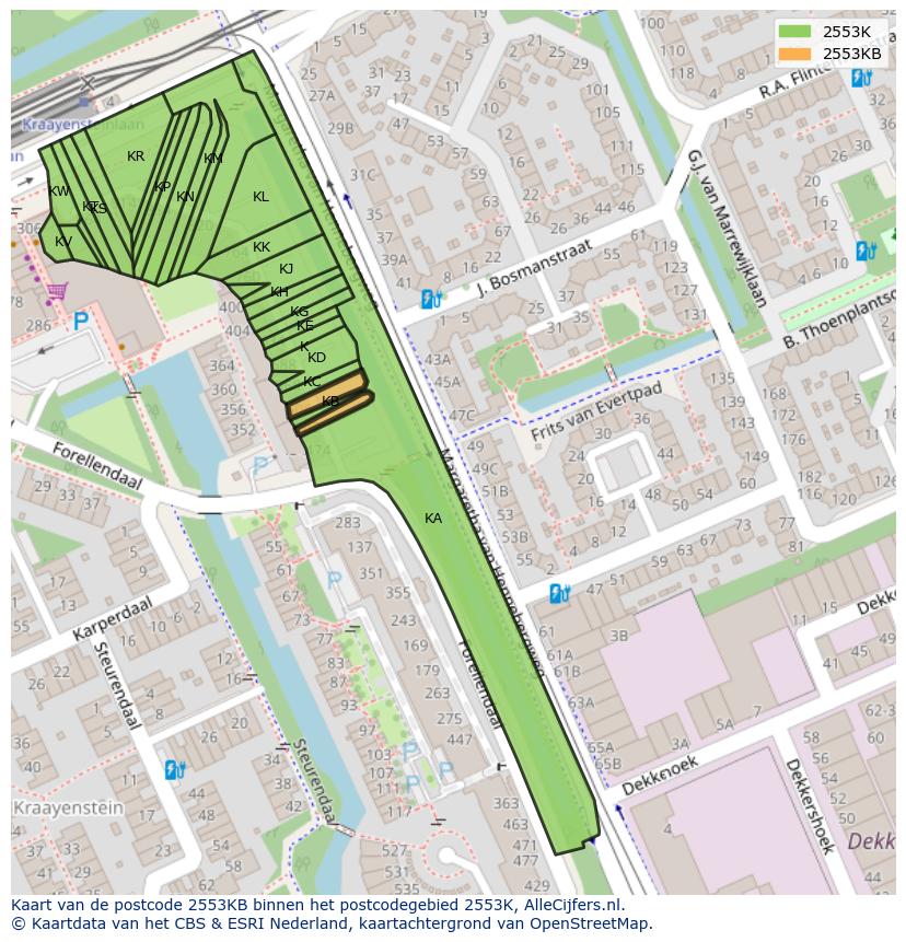 Afbeelding van het postcodegebied 2553 KB op de kaart.