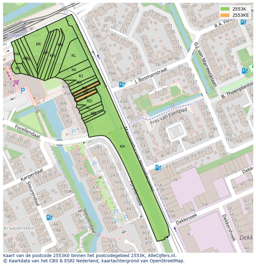 Afbeelding van het postcodegebied 2553 KE op de kaart.