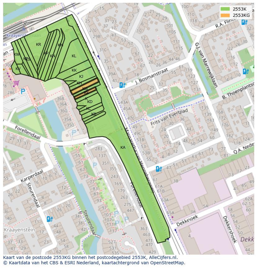 Afbeelding van het postcodegebied 2553 KG op de kaart.