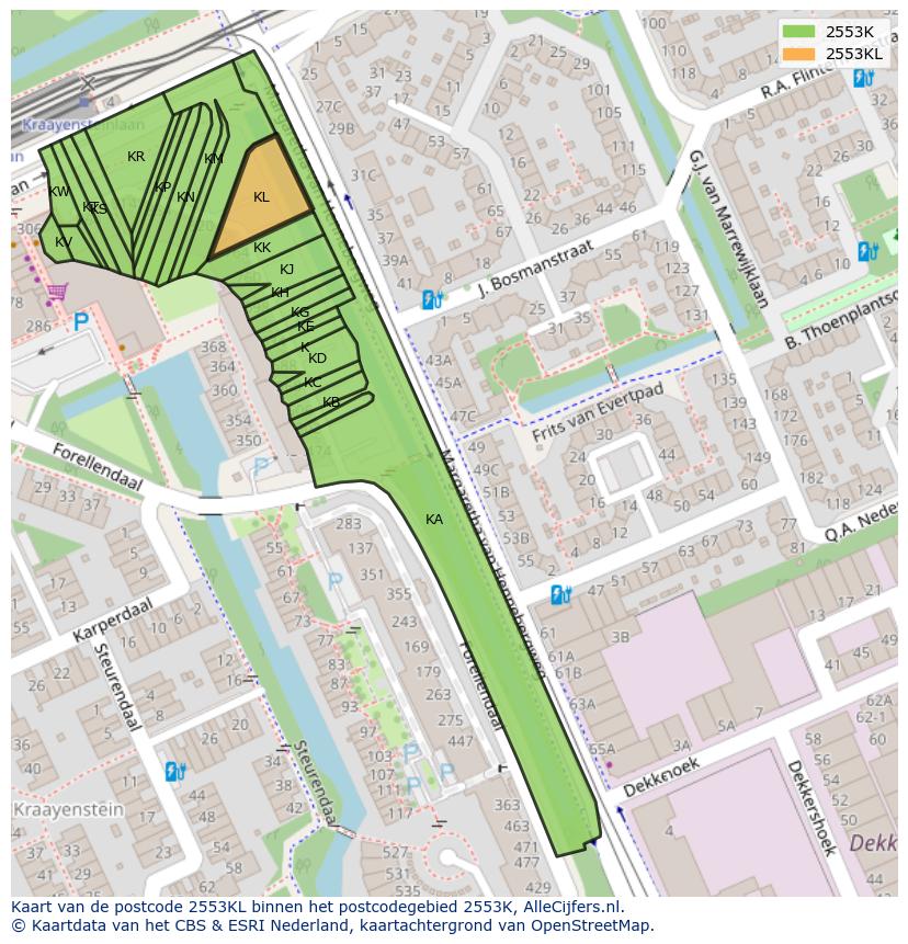 Afbeelding van het postcodegebied 2553 KL op de kaart.