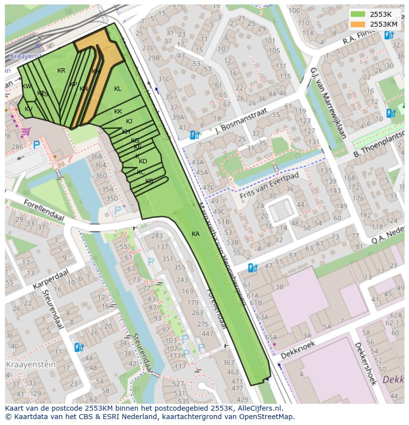 Afbeelding van het postcodegebied 2553 KM op de kaart.