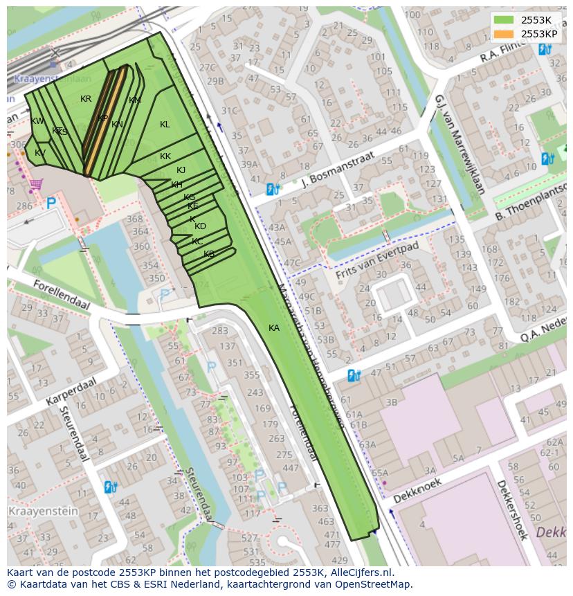 Afbeelding van het postcodegebied 2553 KP op de kaart.