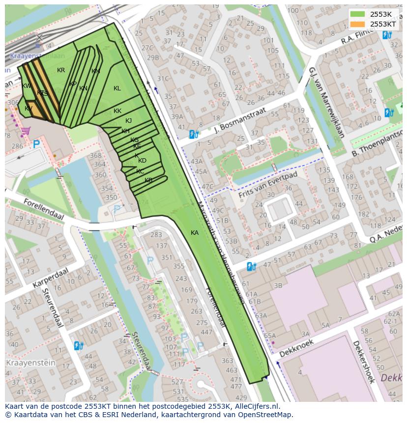 Afbeelding van het postcodegebied 2553 KT op de kaart.
