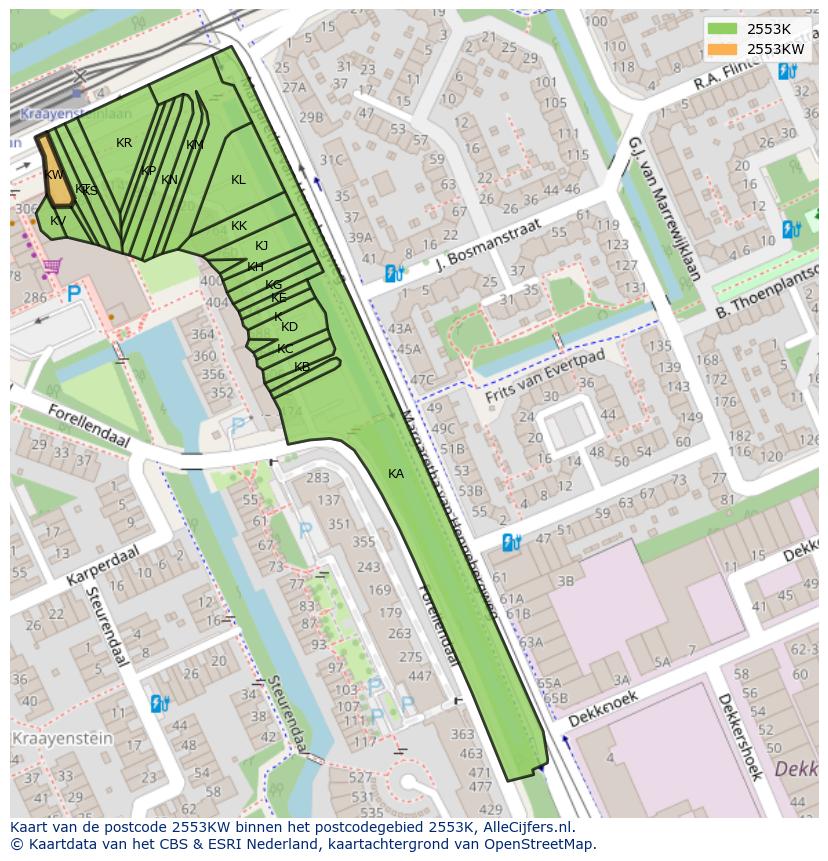 Afbeelding van het postcodegebied 2553 KW op de kaart.