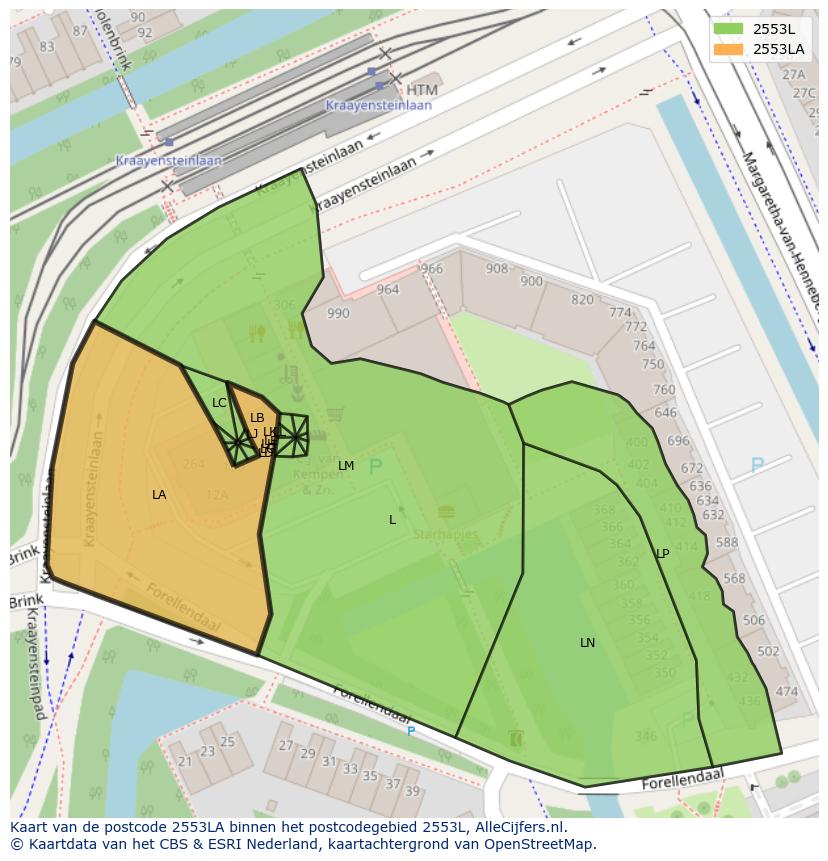 Afbeelding van het postcodegebied 2553 LA op de kaart.