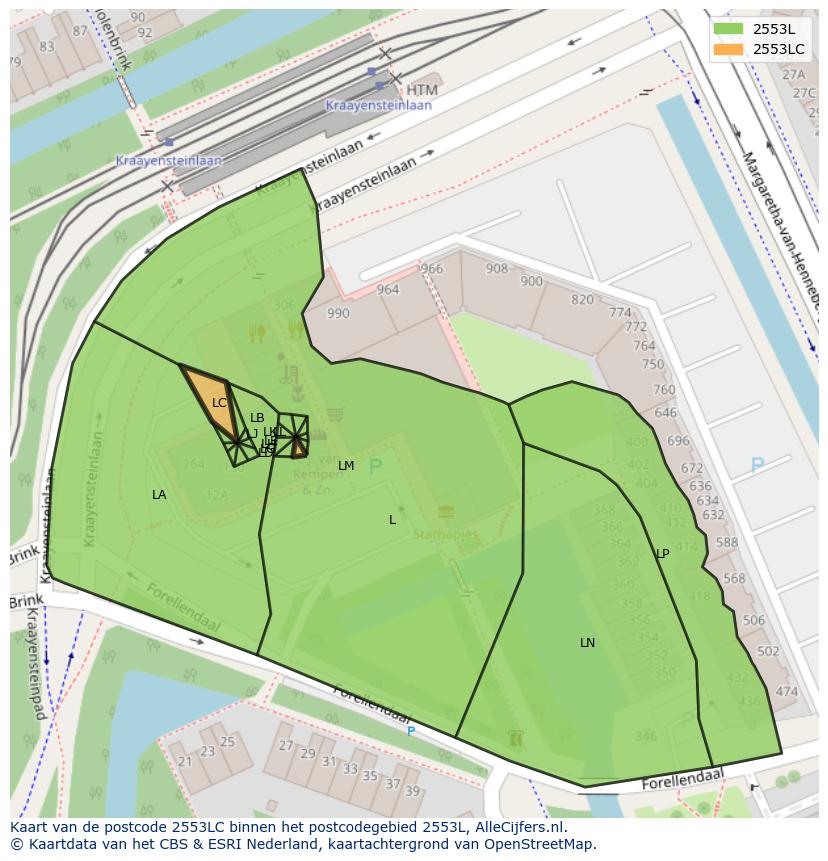Afbeelding van het postcodegebied 2553 LC op de kaart.