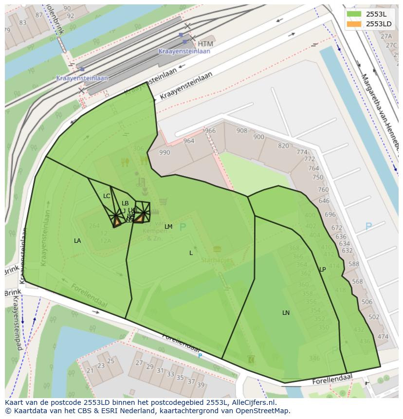 Afbeelding van het postcodegebied 2553 LD op de kaart.