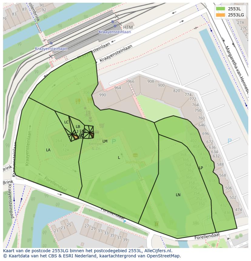 Afbeelding van het postcodegebied 2553 LG op de kaart.