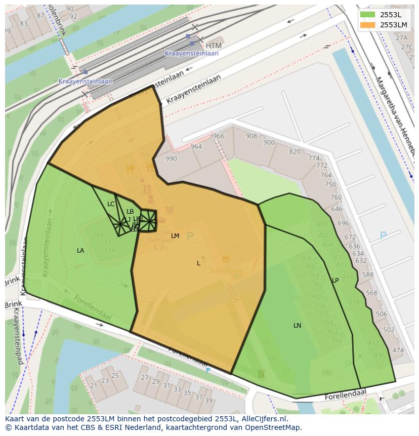 Afbeelding van het postcodegebied 2553 LM op de kaart.