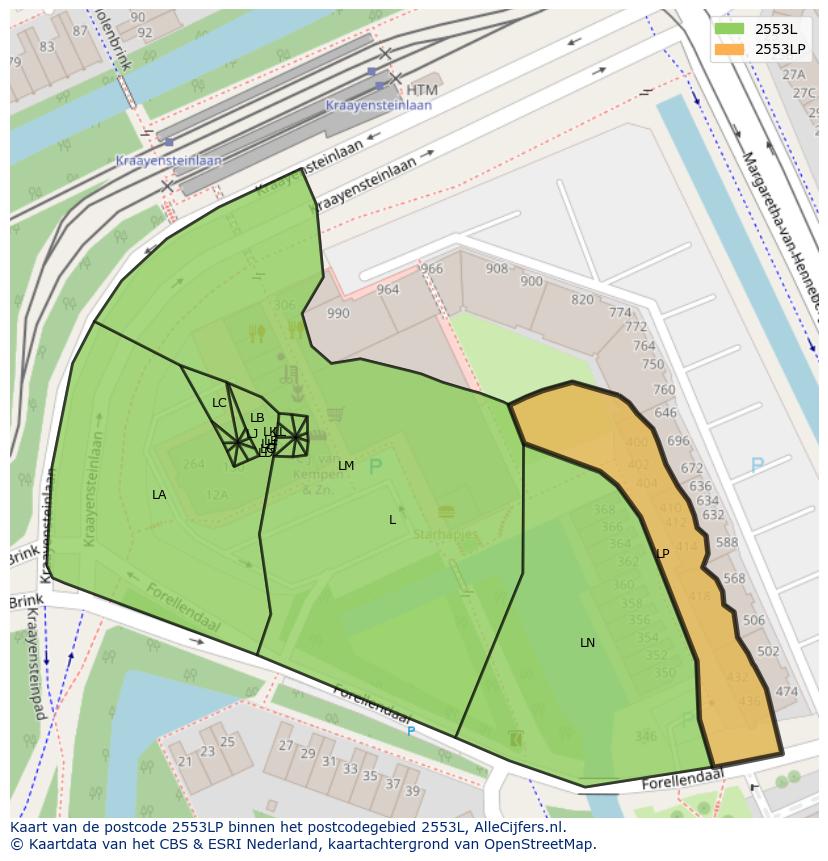 Afbeelding van het postcodegebied 2553 LP op de kaart.