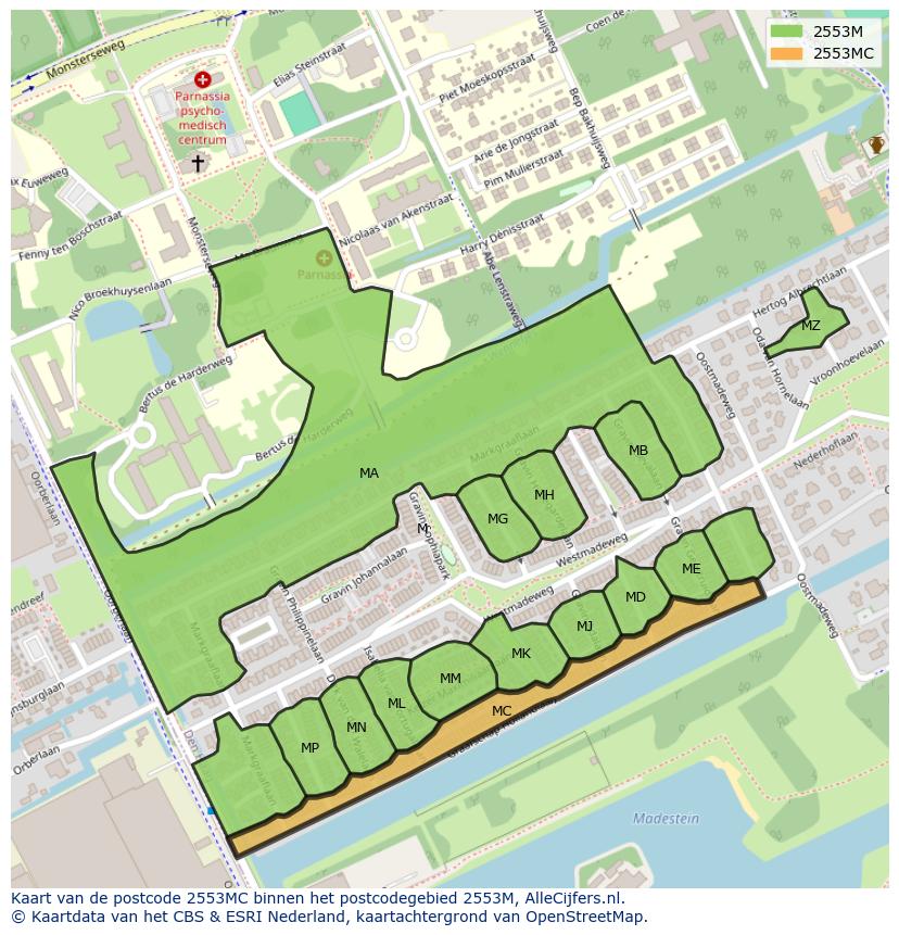 Afbeelding van het postcodegebied 2553 MC op de kaart.