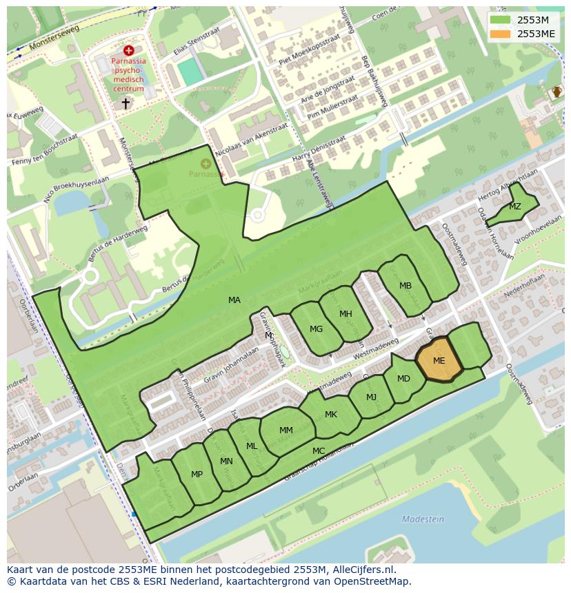 Afbeelding van het postcodegebied 2553 ME op de kaart.