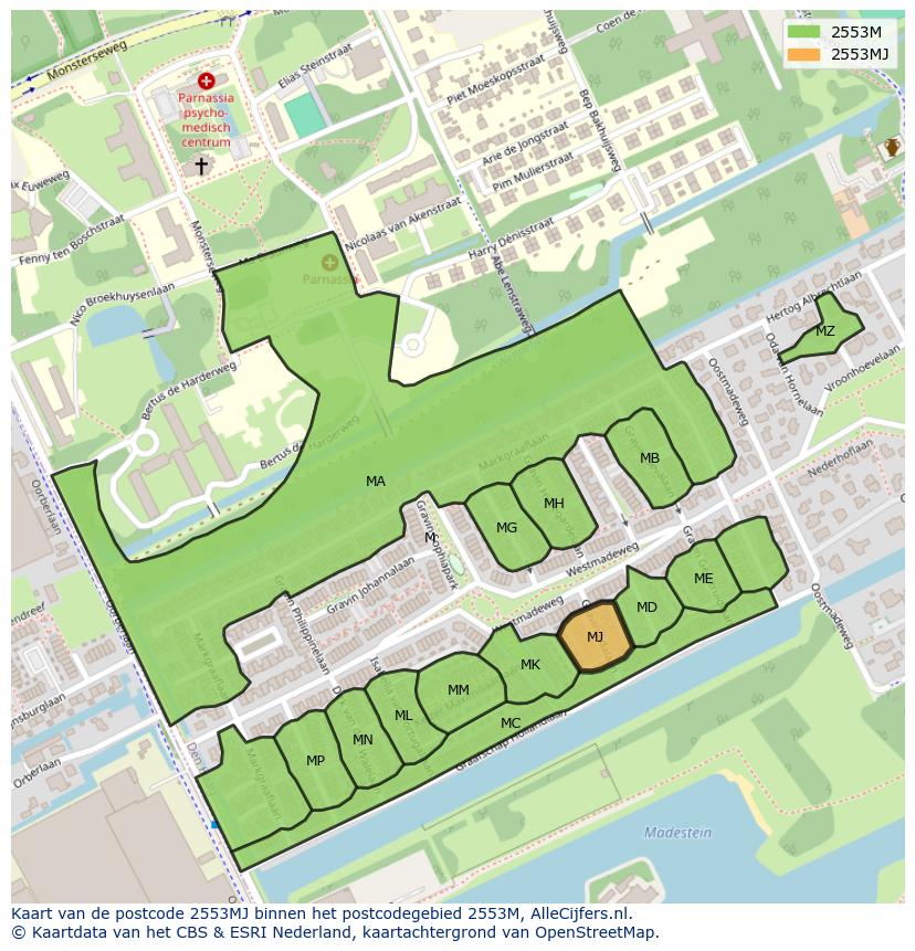 Afbeelding van het postcodegebied 2553 MJ op de kaart.