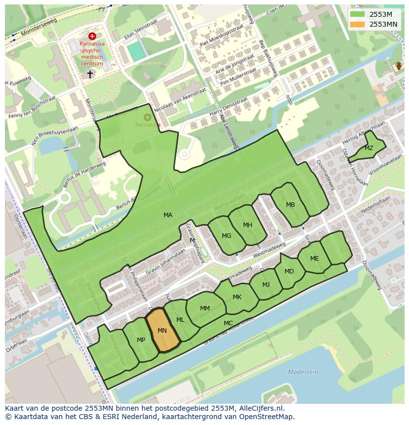 Afbeelding van het postcodegebied 2553 MN op de kaart.