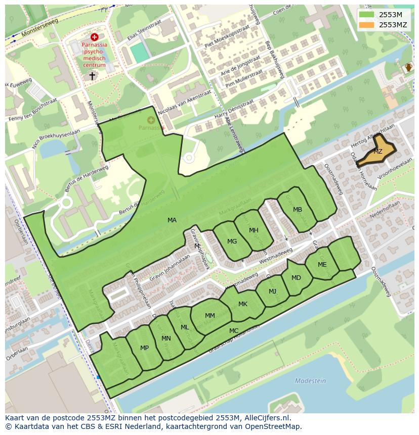 Afbeelding van het postcodegebied 2553 MZ op de kaart.