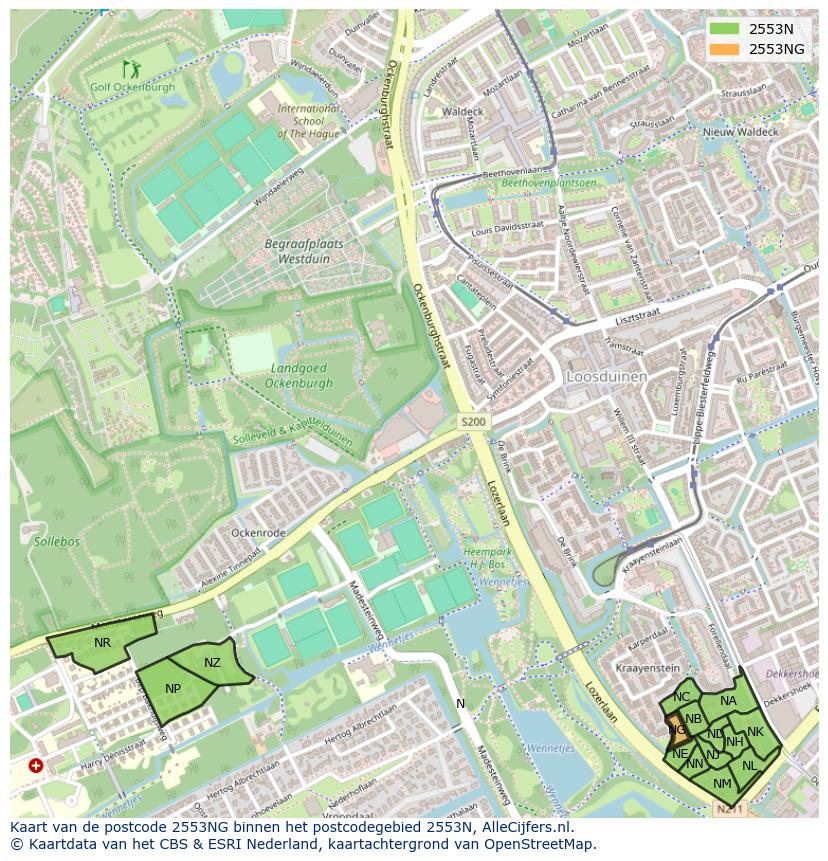 Afbeelding van het postcodegebied 2553 NG op de kaart.