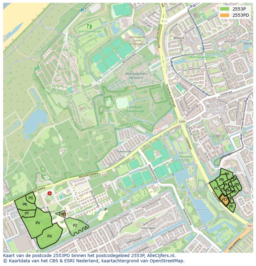 Afbeelding van het postcodegebied 2553 PD op de kaart.
