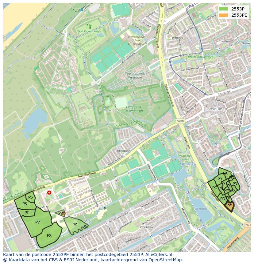 Afbeelding van het postcodegebied 2553 PE op de kaart.