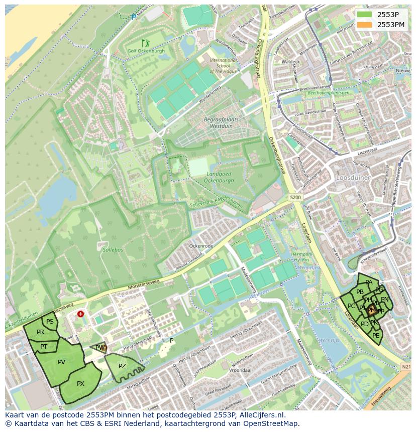 Afbeelding van het postcodegebied 2553 PM op de kaart.
