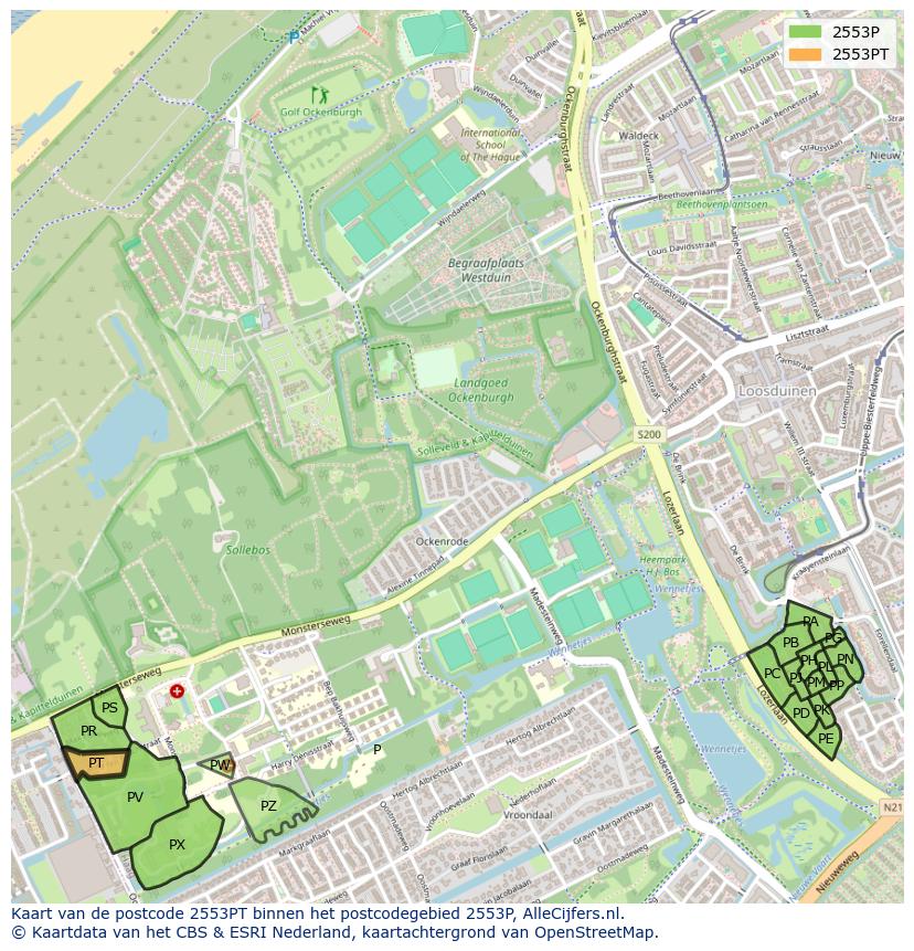 Afbeelding van het postcodegebied 2553 PT op de kaart.