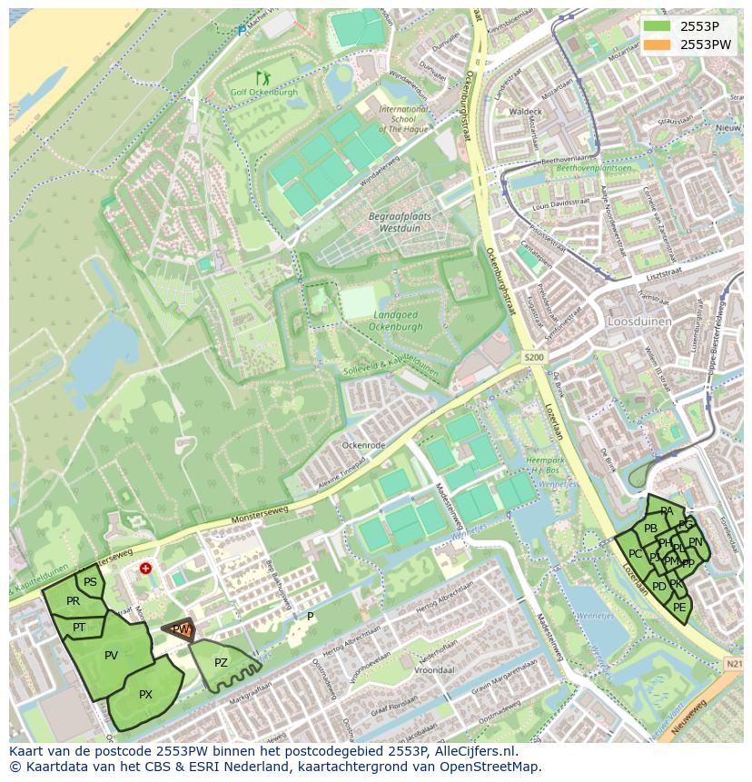 Afbeelding van het postcodegebied 2553 PW op de kaart.
