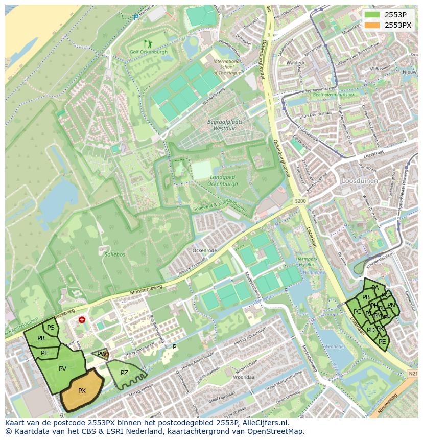 Afbeelding van het postcodegebied 2553 PX op de kaart.